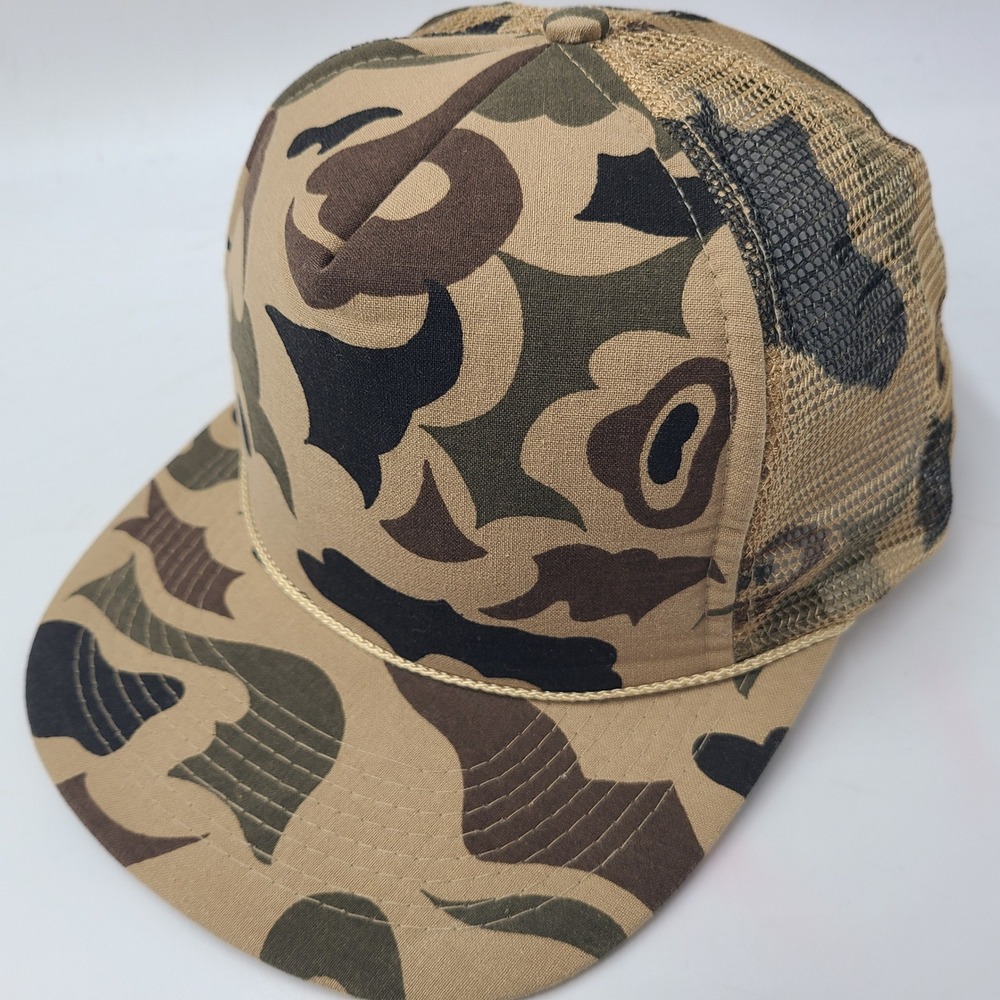 Vintage Blank Camo Hat Snapback (Fits Small) Trucker Mesh Beige Brown Hunting